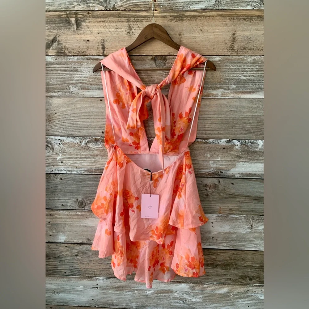 Hello Molly Peach Pink Floral Halter Tiered Mini Dress - Picture 4 of 7